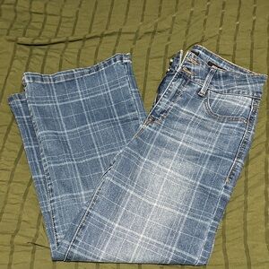 Blue Plaid Flare & Wide Leg Jeans